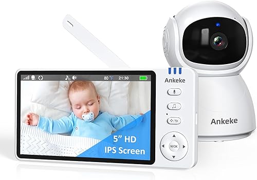 AnKeKe Baby Monitor with Camera and Audio, No WiFi Baby Monitor with 5" IPS LCD Screen, 100-Hour Battery, 1000ft Long Range, 2-Way Talk, Cry and Feeding Reminder, Night Vision and 355°PTZ