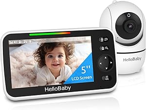 HelloBaby No WiFi Baby Monitor 5" Screen 30-Hour Battery Pan-Tilt-Zoom Video Upgrade