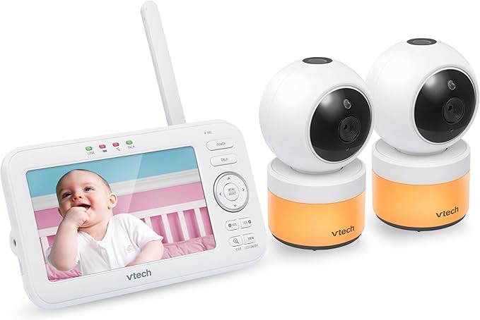 VTech VM5463-2 Upgraded Video Baby Monitor with 2 Cameras – 5 Inch HD Screen, 12-Hour Battery, Pan Tilt Zoom, Ceiling Star Projector Night Light, 2-Way Audio, Non-WiFi Secure, No App N