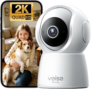 Veise 2K Indoor Camera for Home Security, 360° Wireless WiFi Pet & Baby Monitor with P